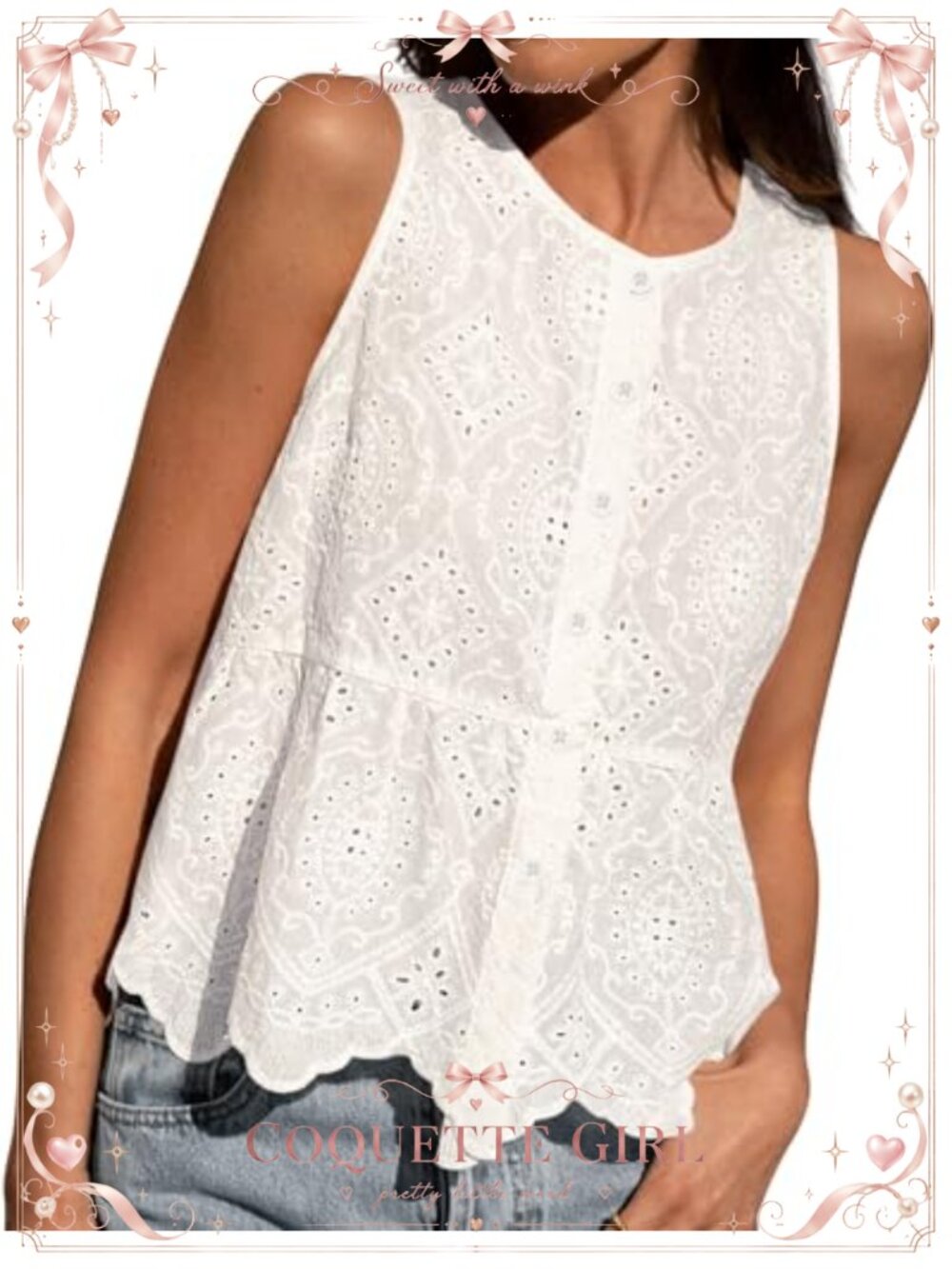 Eyelet Embroidered Tank Top Sleeveless Button Down Peplum Blouse